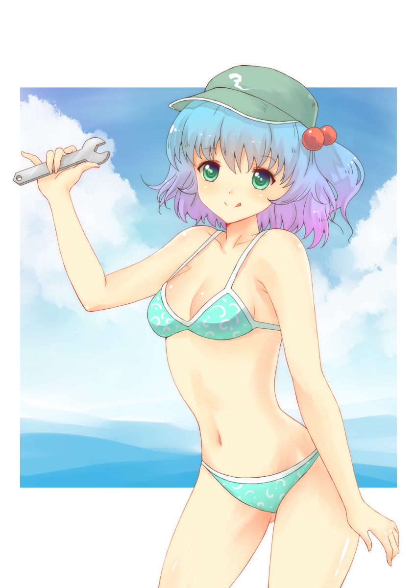 :q arm_up ass_visible_through_thighs bad_id bad_pixiv_id bikini blue_hair bow breasts gradient_hair green_eyes hair_bobbles hair_ornament hat highres kawashiro_nitori medium_breasts multicolored_hair navel outside_border pinky_out purple_hair short_hair solo swimsuit tongue tongue_out touhou two_side_up wrench x&amp;x&amp;x
