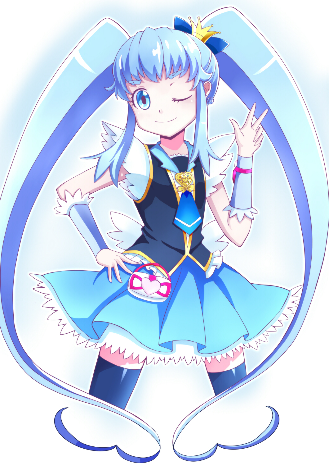 blue_eyes blue_hair blue_skirt crown cure_princess hand_on_hip happinesscharge_precure! highres kiiro_usagi long_hair magical_girl one_eye_closed precure shirayuki_hime skirt smile solo thighhighs twintails v