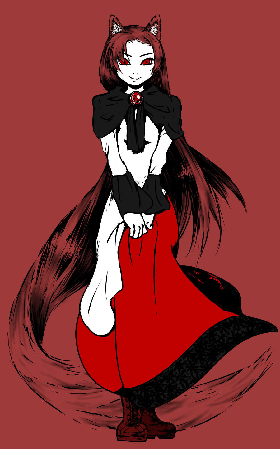 absurdly_long_hair animal_ears boots brooch brown_hair full_body highres imaizumi_kagerou jewelry long_hair red_eyes smile solo tail touhou v_arms very_long_hair wolf_ears