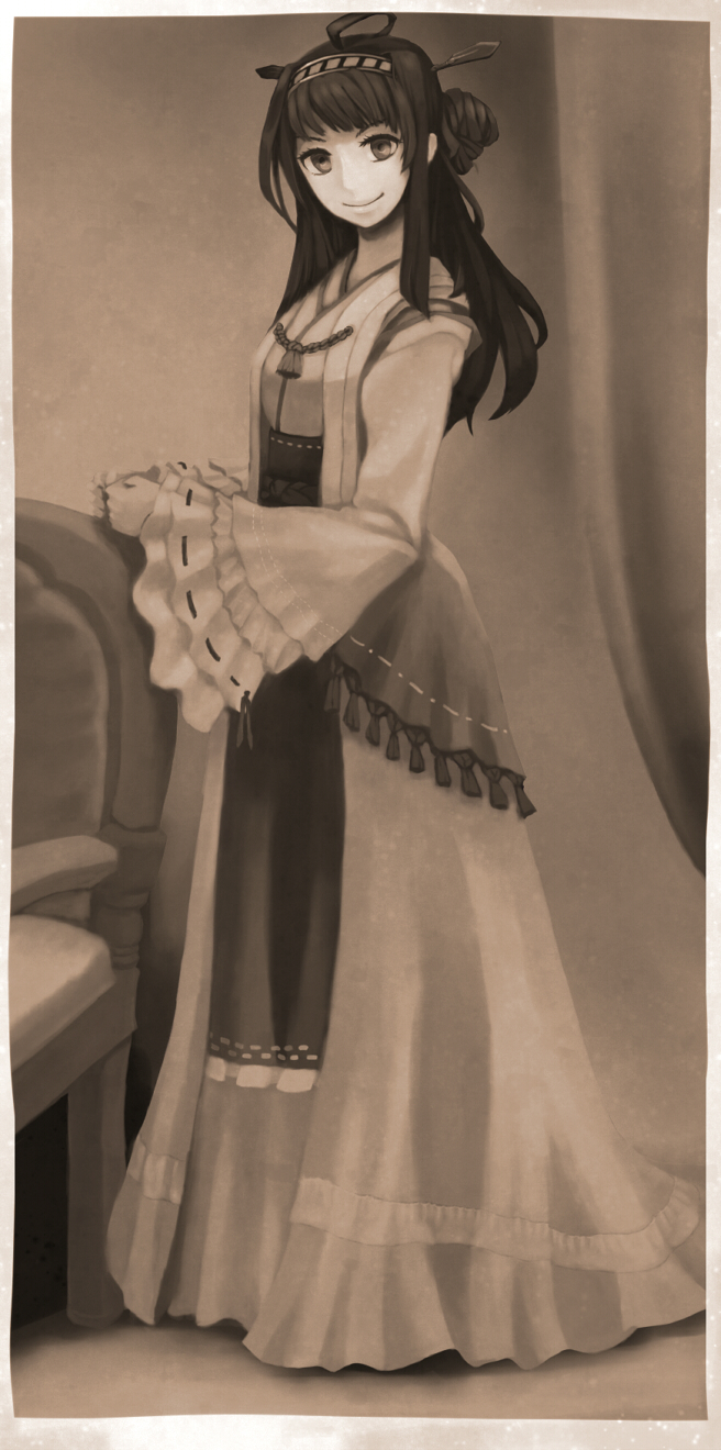 adapted_costume blush chair detached_sleeves double_bun frills hair_ornament hairband hayashi_(finderia) headgear highres japanese_clothes kantai_collection kongou_(kantai_collection) lips long_hair long_skirt monochrome photo sepia skirt smile solo