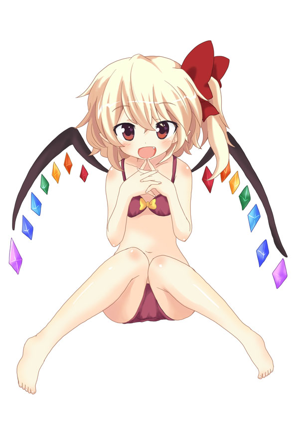 barefoot bikini blonde_hair flandre_scarlet hands_clasped looking_at_viewer massala navel open_mouth own_hands_together red_bikini red_eyes ribbon short_hair side_ponytail sitting smile solo swimsuit touhou wings younger
