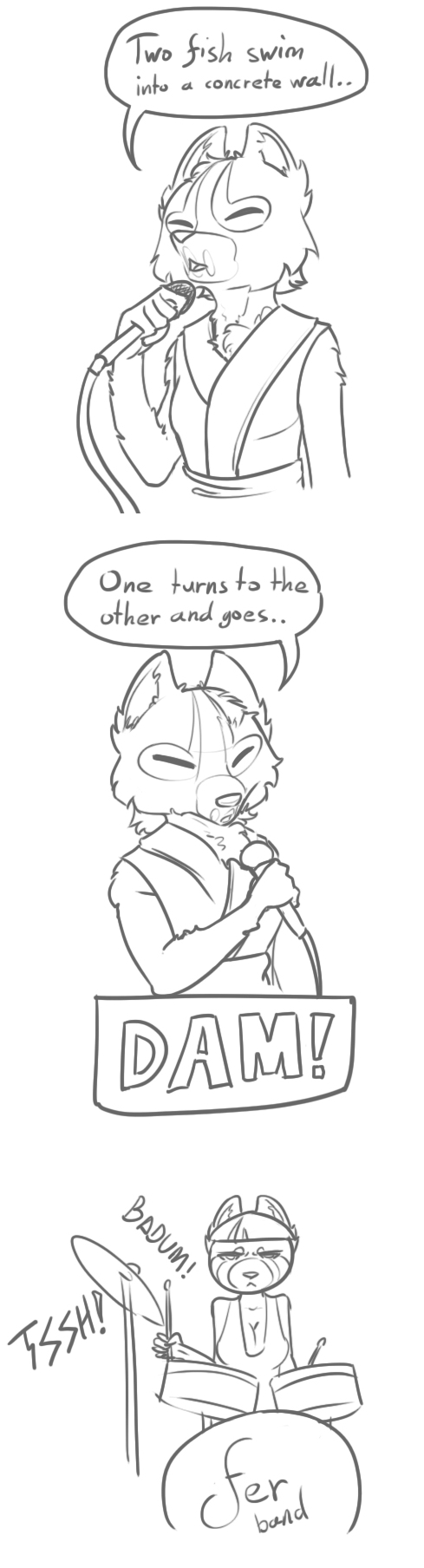 canine clothed clothing comic english_text female feretta feretta_(character) fox humor looking_at_viewer mammal microphone monochrome plain_background red_panda silver_fox text tumblr vix_(feretta) white_background