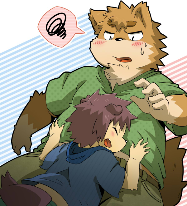 blush canine chubby clothing eyebrows hair happy hinami hug kemono male mammal midriff open_mouth size_difference sweat teeth