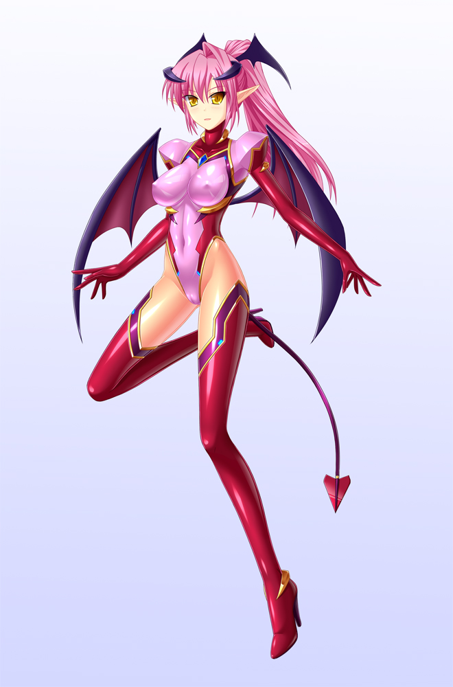 boots breasts cameltoe covered_navel covered_nipples demon_horns demon_tail demon_wings high_heels highleg horns large_breasts leotard long_hair md5_mismatch original pink_hair pink_leotard pointy_ears ponytail shiny shiny_clothes slit_pupils solo tail utamaru_(utamaru143) wings yellow_eyes