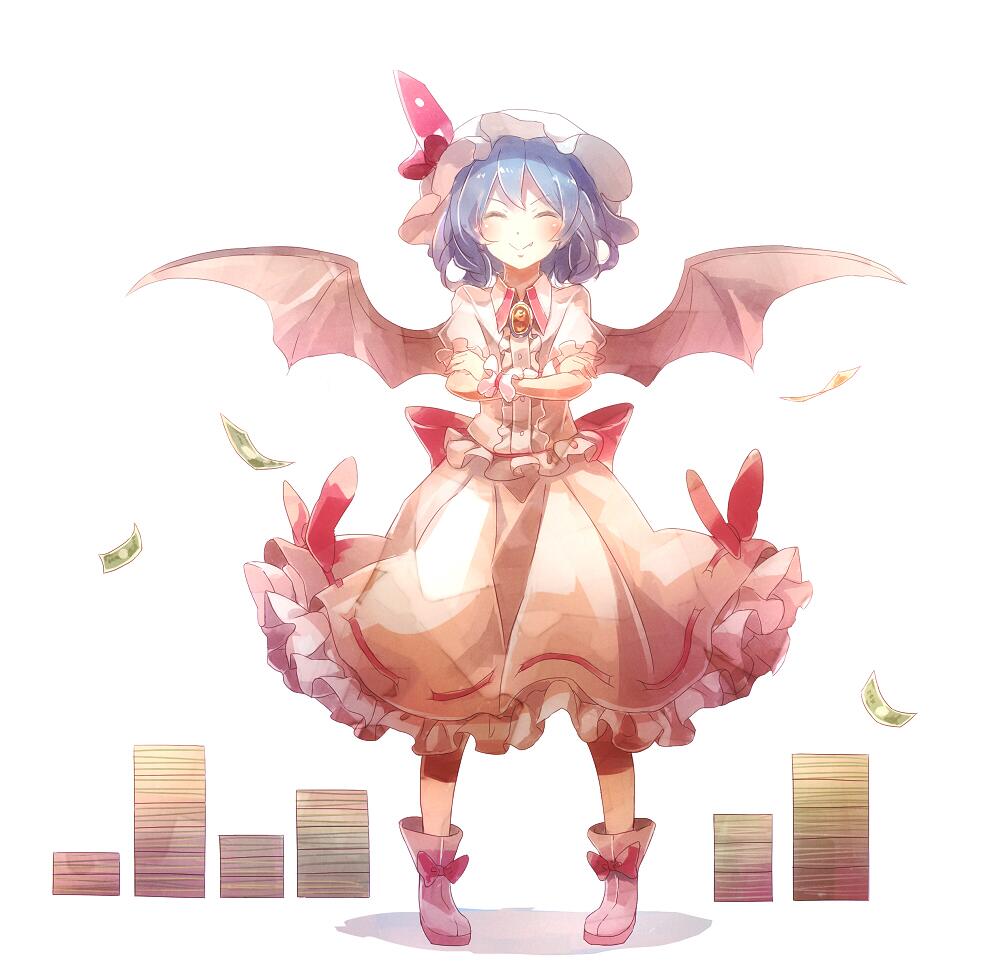 60mai bat_wings blue_hair blush boots bow closed_eyes fang frilled_skirt frills full_body hat hat_ribbon jewelry mob_cap money puffy_sleeves remilia_scarlet ribbon sash shirt short_hair short_sleeves simple_background skirt skirt_set smile solo touhou vest white_background wings wrist_cuffs