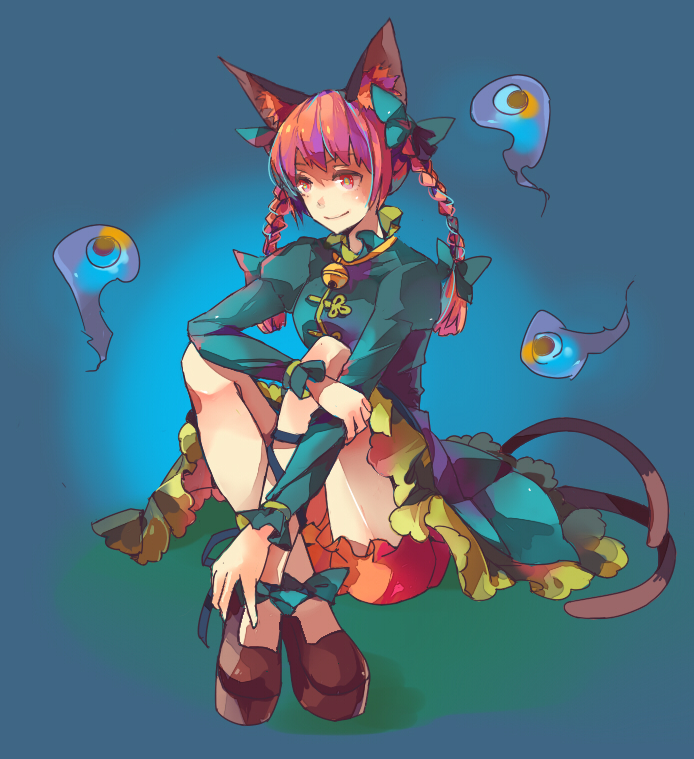 animal_ears bad_id bad_pixiv_id bell bell_collar black_footwear bow braid cat_ears cat_tail collar dress dryades frilled_dress frills green_bow green_dress hair_bow holding_arm kaenbyou_rin long_hair long_sleeves looking_away multiple_tails red_eyes red_hair shoes sitting smile solo tail touhou twin_braids