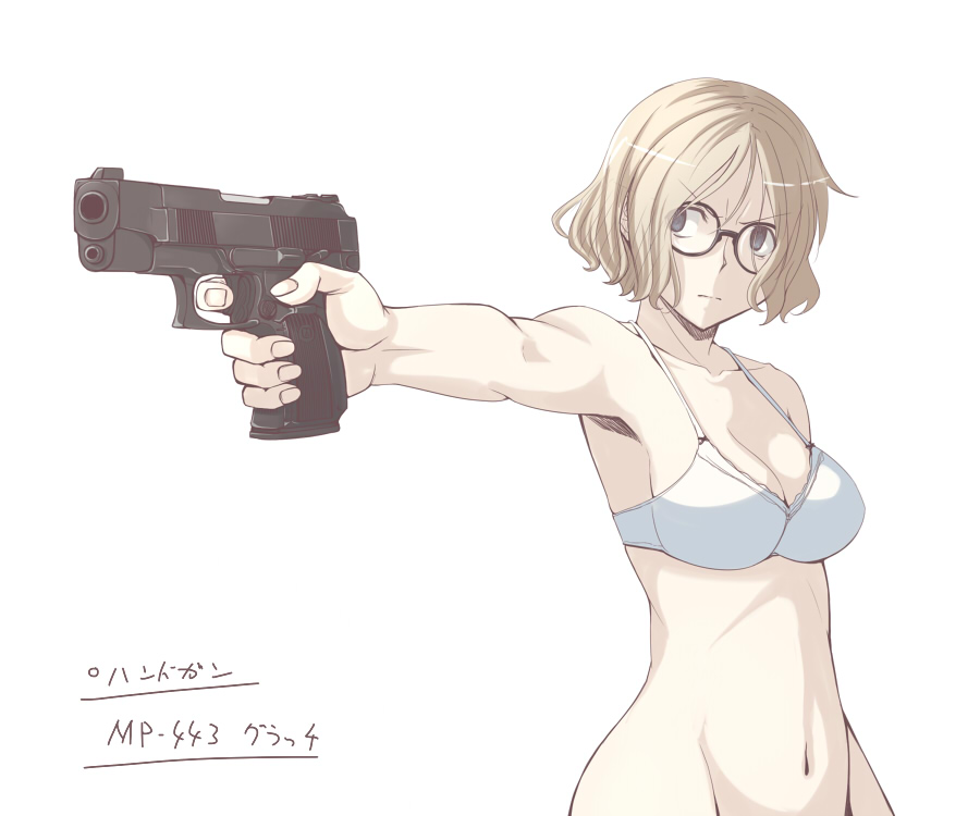 aiming bad_id bad_pixiv_id blonde_hair blue_eyes bra glasses gun handgun mp443 oda_masaki_(b-minor) original pistol round_eyewear short_hair solo underwear underwear_only weapon white_bra