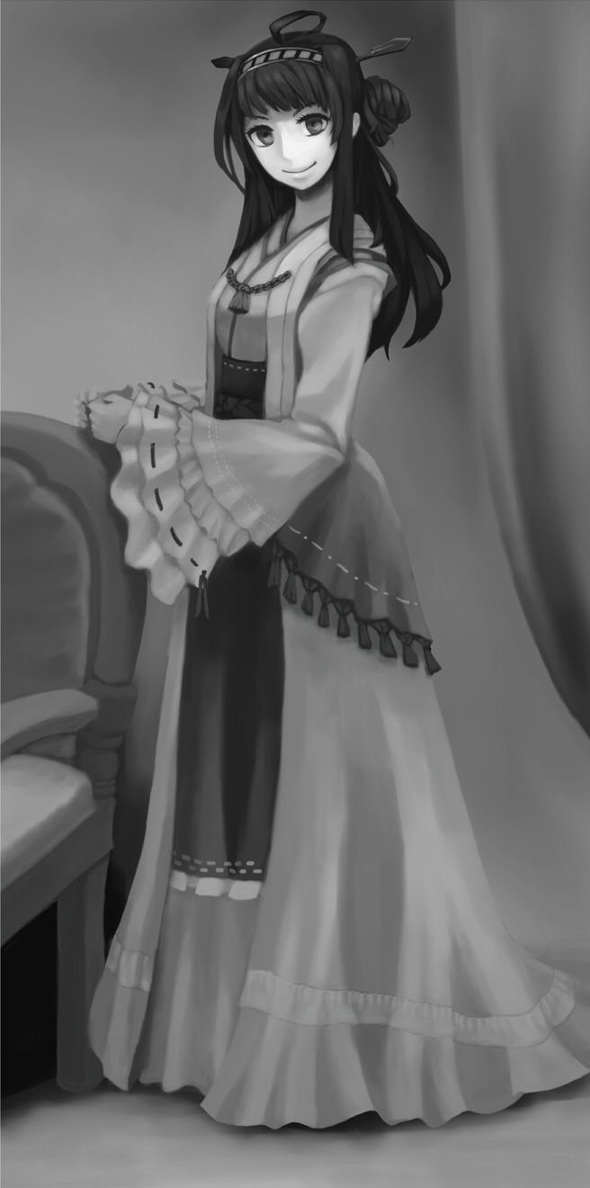 adapted_costume blush chair detached_sleeves double_bun frills greyscale hair_ornament hairband hayashi_(finderia) headgear highres japanese_clothes kantai_collection kongou_(kantai_collection) lips long_hair long_skirt monochrome photo skirt smile solo