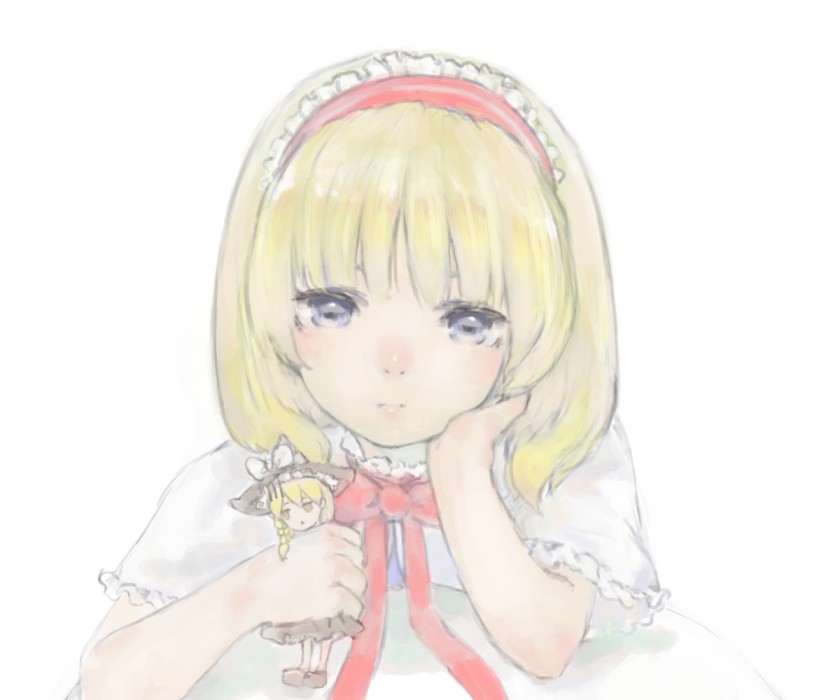 alice_margatroid blonde_hair blue_eyes capelet character_doll expressionless hairband head_rest kirisame_marisa lolita_hairband looking_at_viewer masuchi ribbon short_hair simple_background solo touhou upper_body white_background