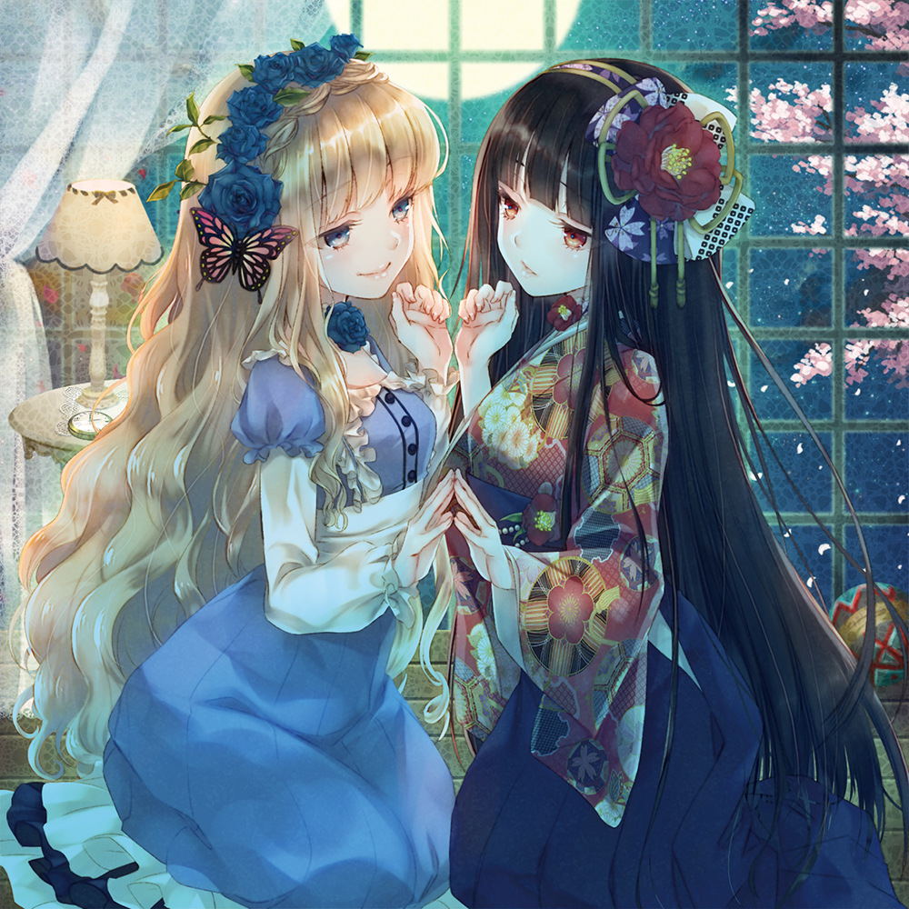 black_hair blonde_hair blue_eyes blush bow bug butterfly cherry_blossoms curtains dress fingers flower hair_bow hair_flower hair_ornament hakama hands head_wreath insect japanese_clothes kimono lamp long_hair long_sleeves multiple_girls namanie original palms parted_lips petals red_eyes smile symmetrical_hand_pose symmetry window