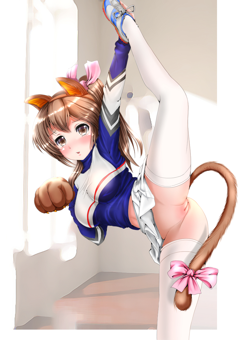 animal_ears blush breasts brown_eyes brown_hair cat_ears cat_tail cheerleader female flexible gloves long_hair looking_at_viewer navel no_panties original paw_gloves ponytail pussy reiji-sss solo tail thighhighs uncensored