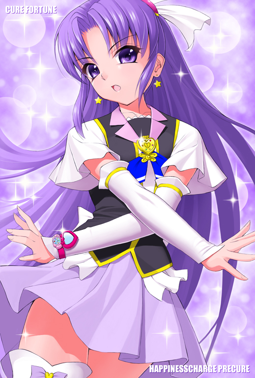 amane_satsuki arm_warmers brooch character_name copyright_name crossed_arms cure_fortune earrings hair_ornament hairpin happinesscharge_precure! hikawa_iona jewelry light_particles long_hair magical_girl md5_mismatch precure purple purple_background purple_eyes purple_hair purple_skirt skirt solo sparkle