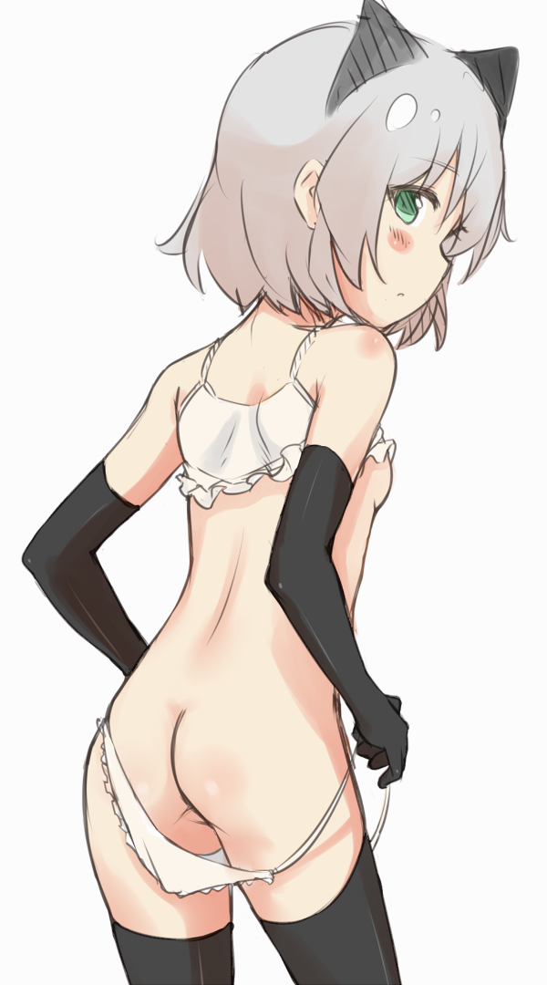 animal_ears ass bad_id bad_pixiv_id black_legwear blush cat_ears dust_box elbow_gloves gloves green_eyes panties panty_pull sanya_v_litvyak short_hair silver_hair sketch solo strike_witches underwear world_witches_series