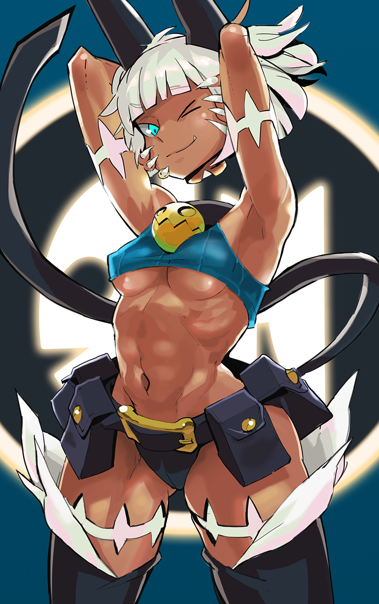 1girl 27_degrees animal_ears armpits belt blue_eyes breasts cat_ears cat_tail claws dark_skin fang female midriff ms._fortune_(skullgirls) muscle nadia_fortune navel scar severed_head short_hair shorts skullgirls smile solo stitches tail toned underboob white_hair wink