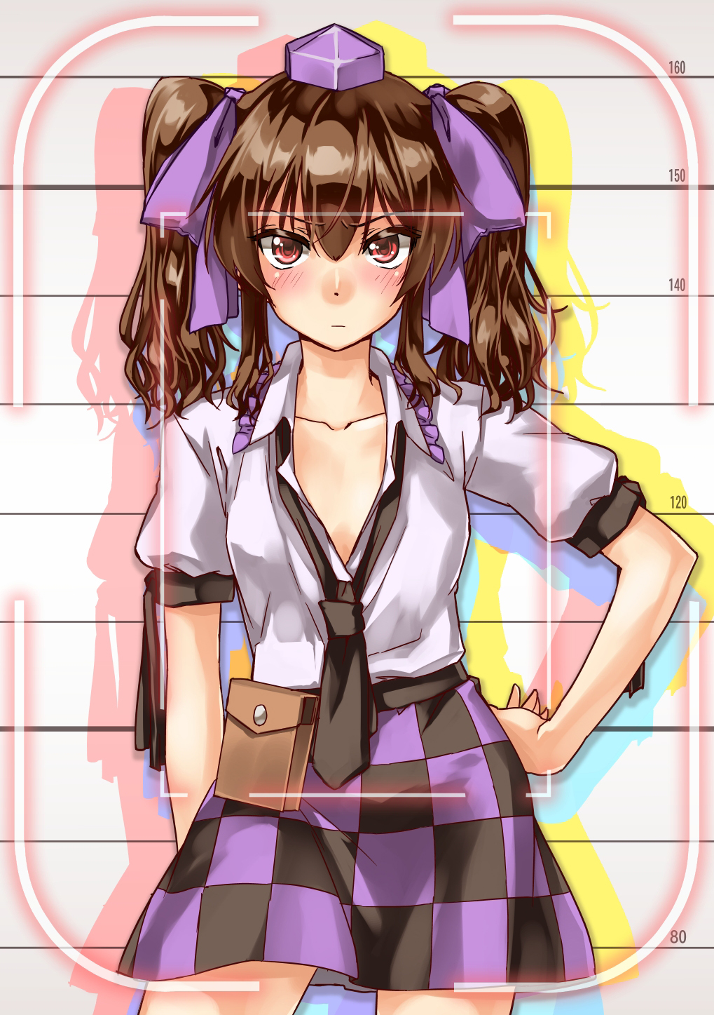 abo_(hechouchou) blush brown_eyes brown_hair checkered checkered_skirt hands_on_hips hat highres himekaidou_hatate long_hair necktie open_clothes open_shirt shirt skirt solo tokin_hat touhou twintails