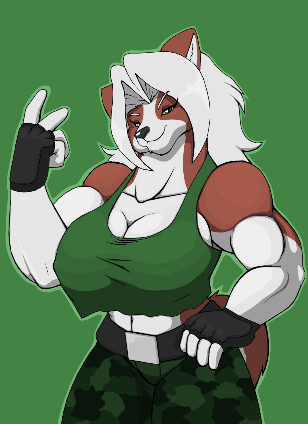 anthro biceps big_breasts black_nose breasts camo canine cleavage clothed clothing dog droll3 elnora_magner female gloves green_eyes hair huge_breasts long_hair mammal muscles muscular_female pants smile solo white_hair