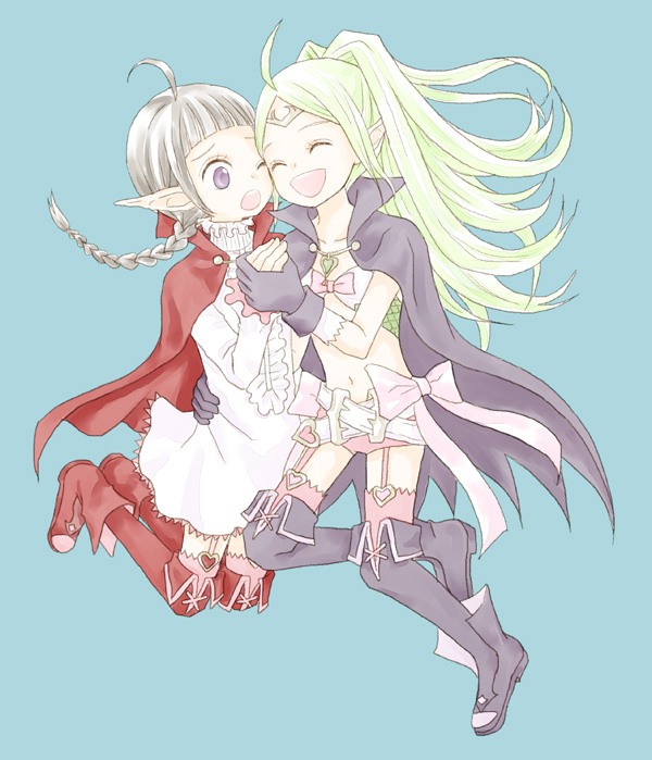 ^_^ boots bow braid cape cheek-to-cheek closed_eyes dress fire_emblem fire_emblem:_kakusei garter_straps gloves green_hair knee_boots mamkute midriff mother_and_daughter multiple_girls nn_(fire_emblem) nono_(fire_emblem) open_mouth pointy_ears ponytail purple_eyes silver_hair smile yanechika