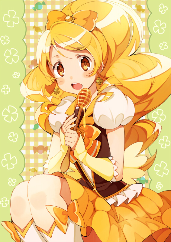 blonde_hair blush cure_honey hanokage happinesscharge_precure! honey honey_dipper long_hair looking_at_viewer magical_girl oomori_yuuko open_mouth ponytail precure skirt solo wide_ponytail yellow_eyes yellow_skirt