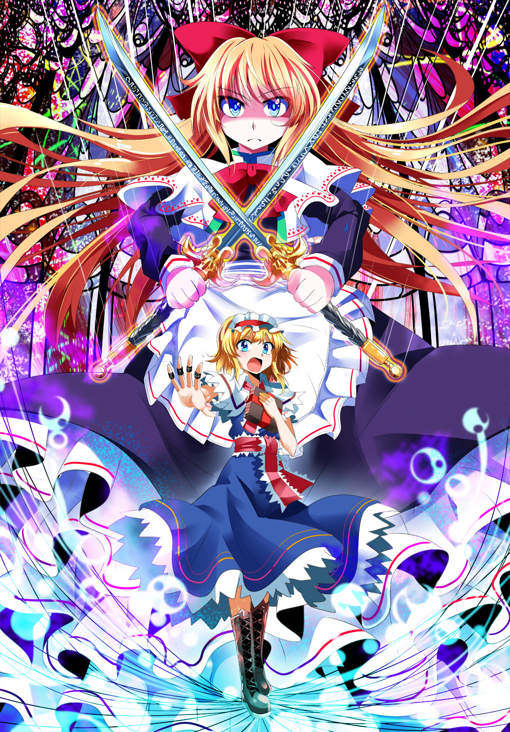 alice_margatroid apron blonde_hair blue_dress blue_eyes boots bow capelet cross-laced_footwear dress dual_wielding e.o. goliath_doll hair_bow hairband highres holding jewelry katana lolita_hairband long_hair long_sleeves looking_at_viewer open_mouth ring sash shaded_face short_sleeves sword touhou very_long_hair waist_apron weapon