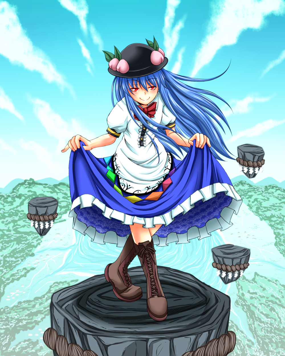 blue_hair boots bow bowtie cloud commentary_request cross-laced_footwear crossed_legs curtsey day dress fingernails floating_rock food fruit full_body hair_between_eyes hat highres hinanawi_tenshi holding lace-up_boots landscape long_hair looking_at_viewer peach pinky_out red_eyes rock rope scenery shiba_meiji shide shimenawa short_sleeves skirt_hold sky smile solo standing touhou water watson_cross