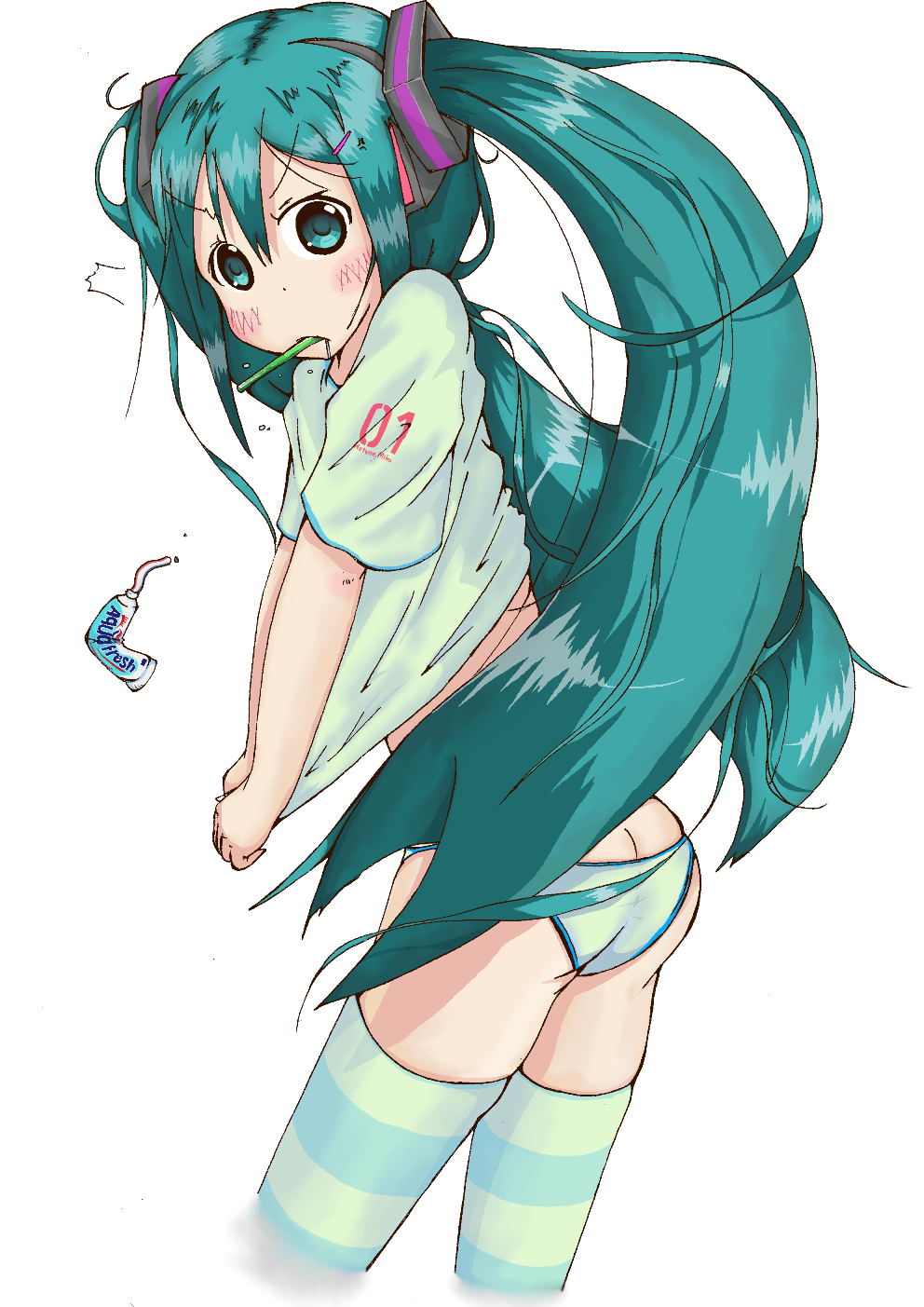 blush butt_crack character_name hatsune_miku highres long_hair looking_at_viewer mouth_hold panties solo striped striped_legwear thighhighs toothbrush toothpaste twintails underwear very_long_hair vocaloid white_background yashigani_(08114)