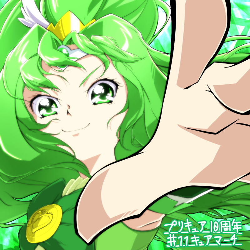 bow bowtie brooch character_name cure_march green green_eyes green_hair jewelry long_hair magical_girl midorikawa_nao outstretched_hand precure smile smile_precure! solo translated yoshimune