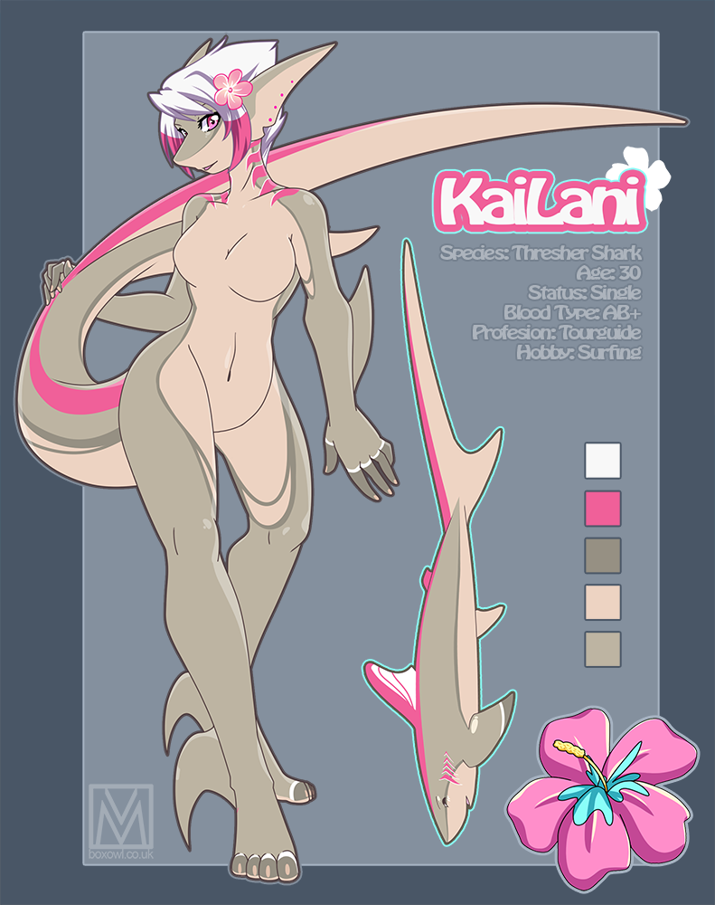 4_toes 5_fingers anthro breasts female fin fish flower hair kailani lapres looking_at_viewer marine multi-colored_hair nude open_mouth plain_background purple_eyes scalie shark solo standing toes