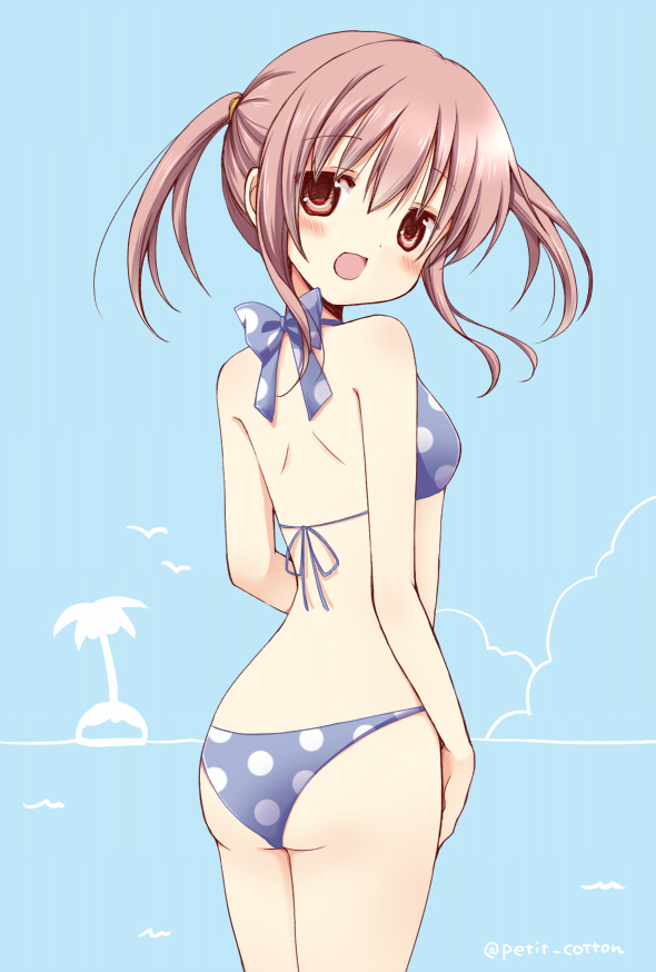 ass bikini brown_eyes brown_hair from_behind looking_back original oumi_neneha short_hair solo swimsuit twintails