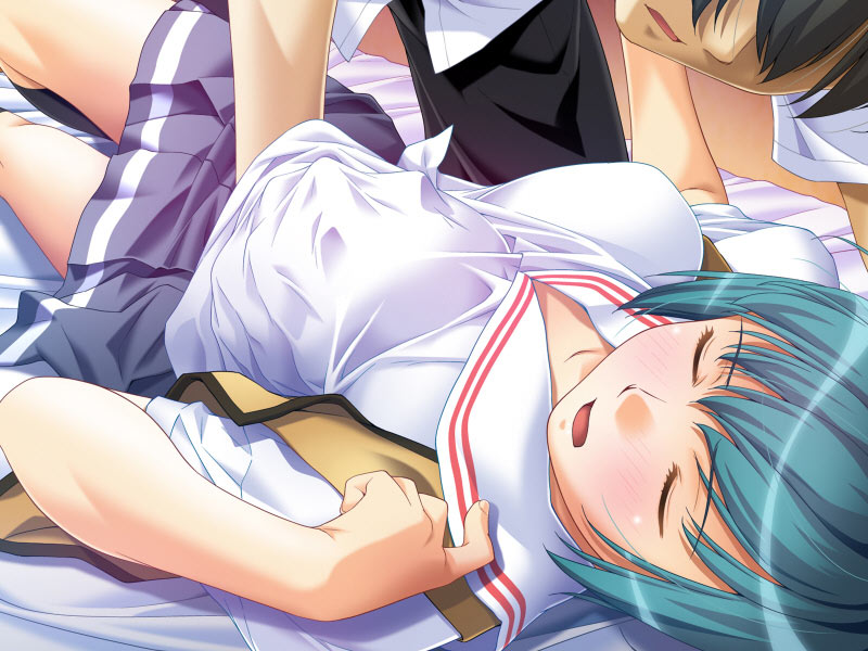 1girl alea bed bedroom bent_over black_hair black_legwear blush breasts caligula_soft dress_shirt embarrassed eyes_closed fingernails game_cg green_hair groping hand_in_shirt hand_under_clothes hand_under_shirt hands indoors ino kagami_kuu kneehighs lying on_back on_bed open_clothes open_mouth open_vest pants pleated_skirt school_uniform shirt short_hair skirt socks thighs uniform vest white_shirt