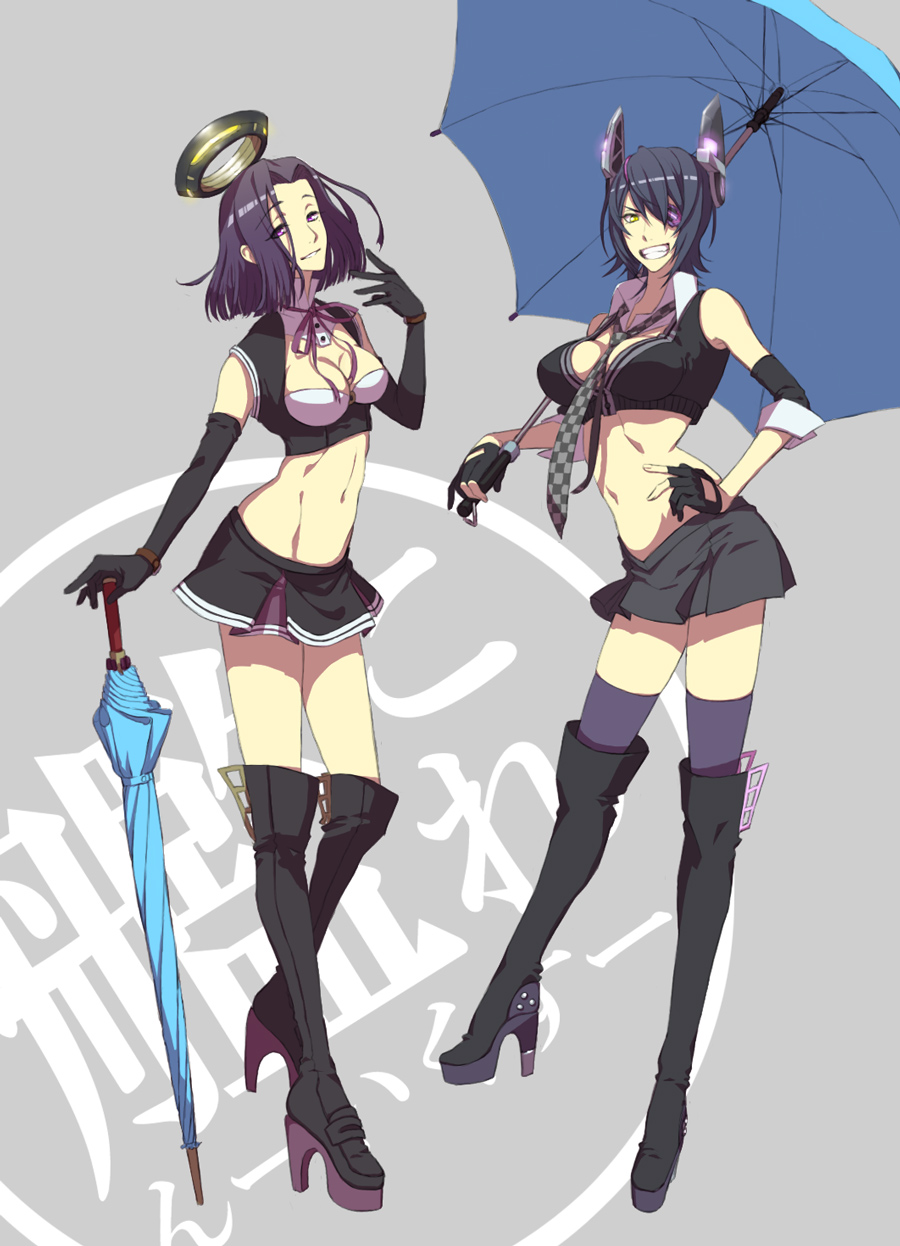 adapted_costume boots breasts closed_umbrella detached_sleeves elbow_gloves eyepatch full_body gloves headgear highres kantai_collection large_breasts mechanical_halo midriff multiple_girls navel necktie planted_umbrella purple_eyes purple_hair race_queen short_hair smile takamine_k tatsuta_(kantai_collection) tenryuu_(kantai_collection) thigh_boots thighhighs umbrella yellow_eyes