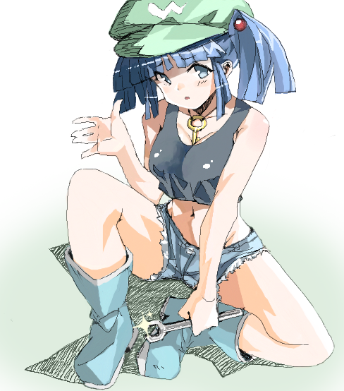 bad_id bad_pixiv_id bare_shoulders blue_eyes blue_hair bob_cut boots breasts crop_top crop_top_overhang crows-bmc cutoff_jeans cutoffs denim denim_shorts holding kawashiro_nitori key large_breasts looking_at_viewer midriff navel one_knee short_hair shorts solo tools touhou two_side_up wrench