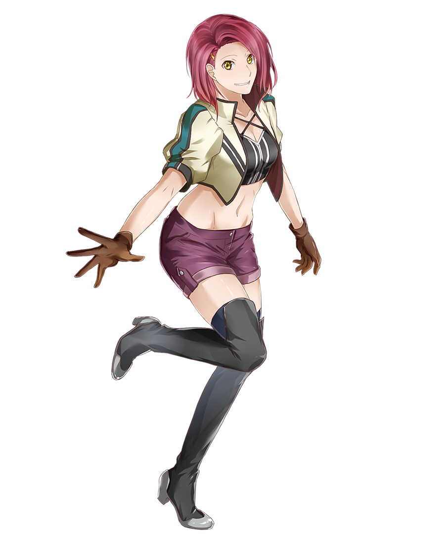 1girl black_footwear boots breasts brown_gloves cleavage crop_top full_body gloves grin hair_ornament hairclip kurose_nao leg_up looking_at_viewer medium_breasts midriff navel outstretched_arm purple_shorts red_hair rose_(tales) short_hair short_shorts shorts simple_background smile solo standing standing_on_one_leg stomach tales_of_(series) tales_of_zestiria thigh_boots thighhighs white_background yellow_eyes zettai_ryouiki