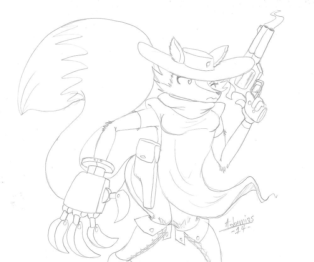 alternate_costume awesomenauts black_and_white boots canine claws cowboy_hat female fox frown gun gunslinger hat mammal monochrome penny_fox poncho ranged_weapon scar solo squint weapon