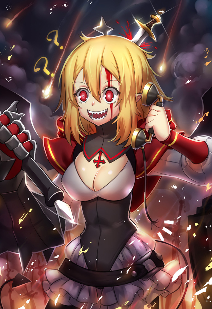 ? bleeding blonde_hair blood blood_on_face bobomaster breasts broken cleavage commentary_request corded_phone dagger demon_tail dress gloves lusabella_grimlet medium_breasts phone pixiv_fantasia pixiv_fantasia_fallen_kings red_eyes sharp_teeth short_hair shuriken smile solo stabbed tail talking_on_phone teeth weapon