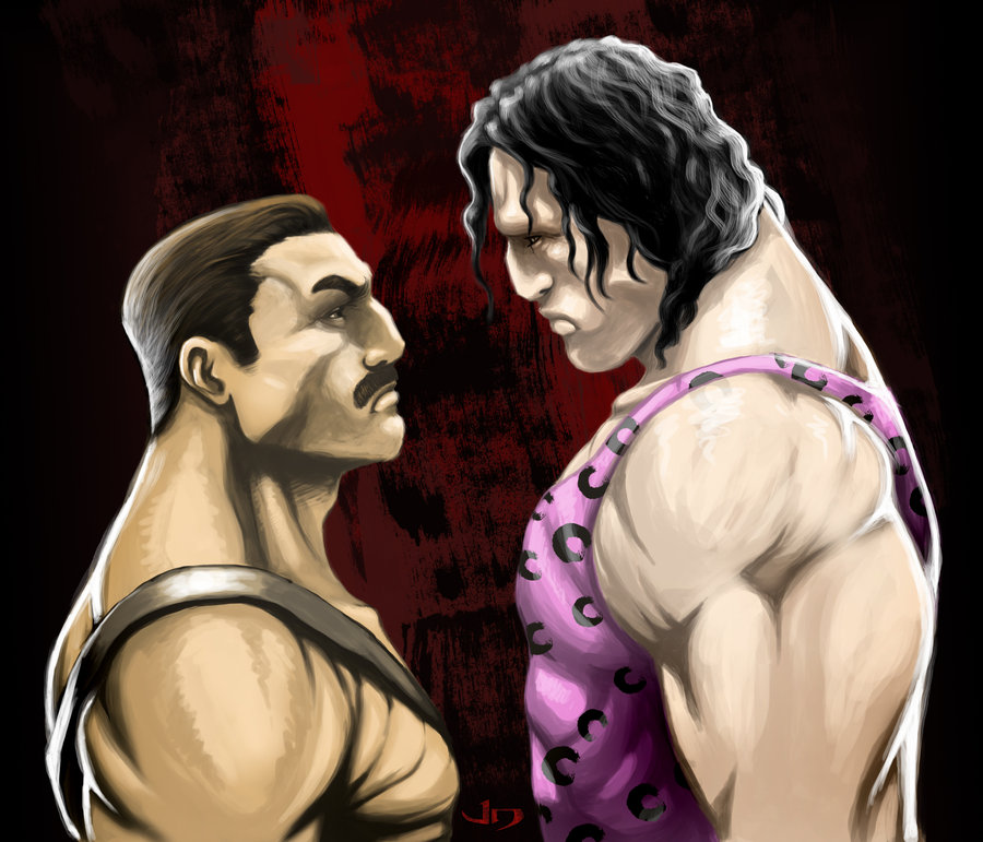 black_hair brown_hair eyebrows faceoff facial_hair final_fight height_difference hugo_andore jeff_diolata looking_at_another manly mike_haggar multiple_boys muscle mustache realistic signature tank_top