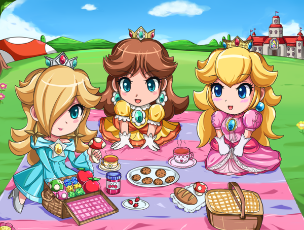 chibi daisy nintendo peach picnic princess_daisy princess_peach princess_rosalina royal_picnic sigurdhosenfeld sitting super_mario_bros. super_mario_brothers