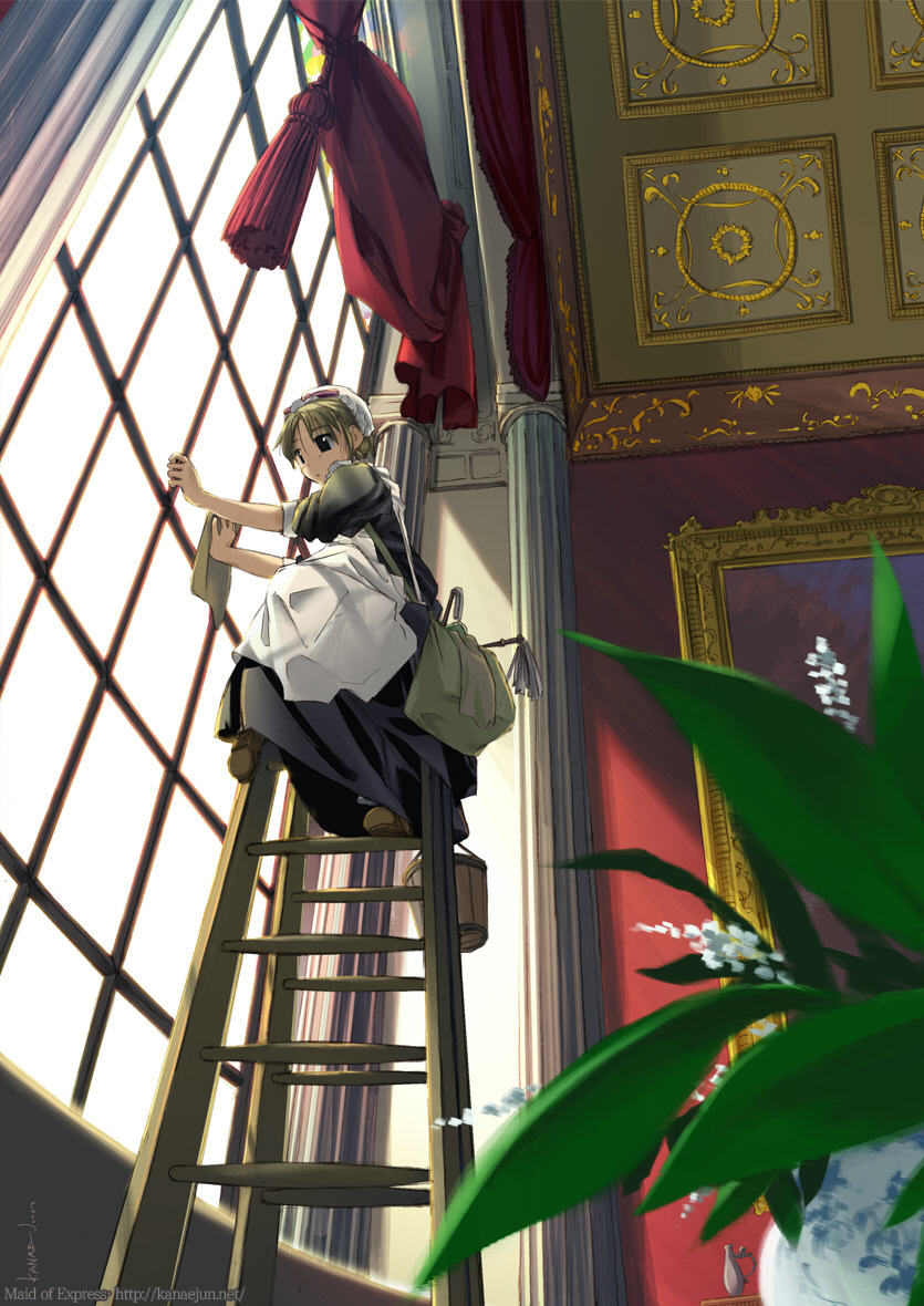 apron bad_id bad_pixiv_id bag blonde_hair bucket cleaning from_below hairband kanae_jun ladder maid original painting_(object) plant potted_plant solo window