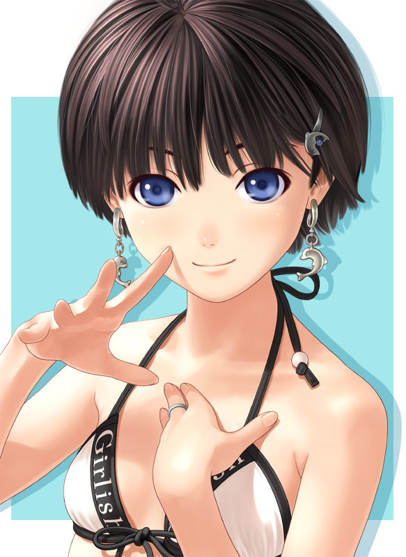 bikini blue_eyes brown_hair earrings flat_chest hair_ornament hairclip hands idolmaster idolmaster_(classic) idolmaster_1 jewelry kikuchi_makoto nekopuchi ring short_hair smile solo swimsuit