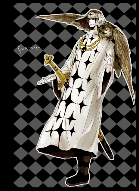 555_(lily_sic) animal animal_on_shoulder argyle argyle_background bad_id bad_pixiv_id bird bird_on_shoulder falcon male_focus one_piece pell solo sword weapon