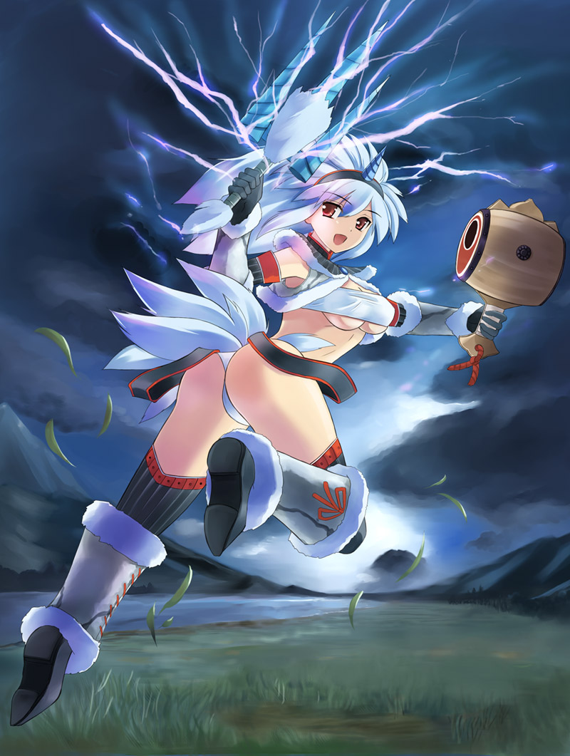ass blush breasts cloud elbow_gloves field gloves grass hairband hammer horn kirin_(armor) lake large_breasts lightning monster_hunter open_mouth red_eyes sky smile solo tenro_aya thighhighs underboob weapon white_hair