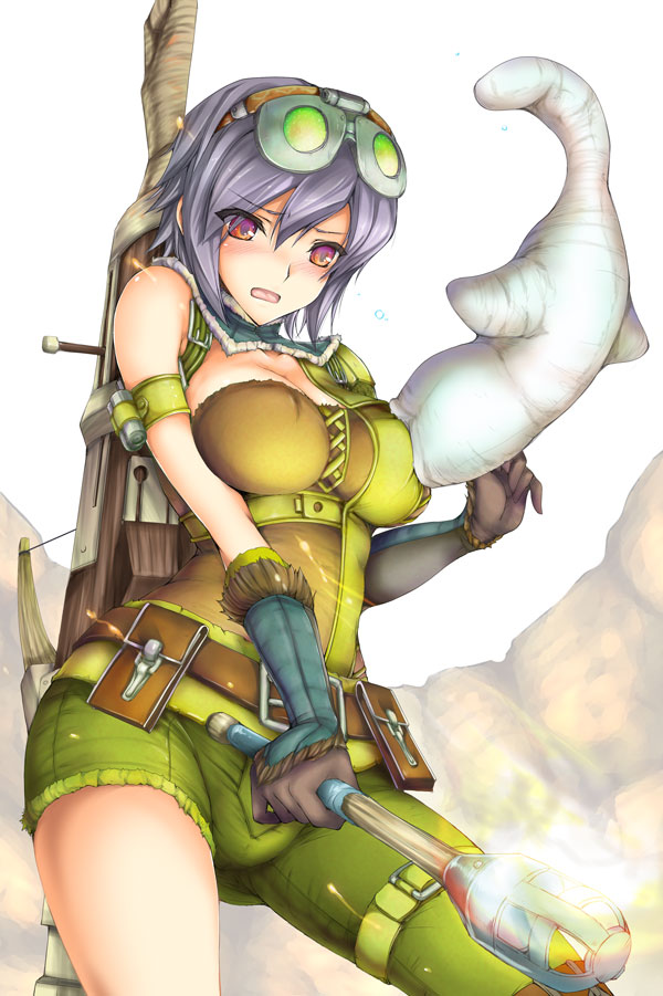 asymmetrical_clothes belt belt_pouch biting breast_sucking breast_sucking_through_clothes breasts cleavage club covered_nipples elbow_gloves giggi gloves goggles grey_hair kizuki_aruchu large_breasts leather_(armor) monster monster_hunter pouch purple_hair red_eyes short_hair single_pantsleg solo weapon