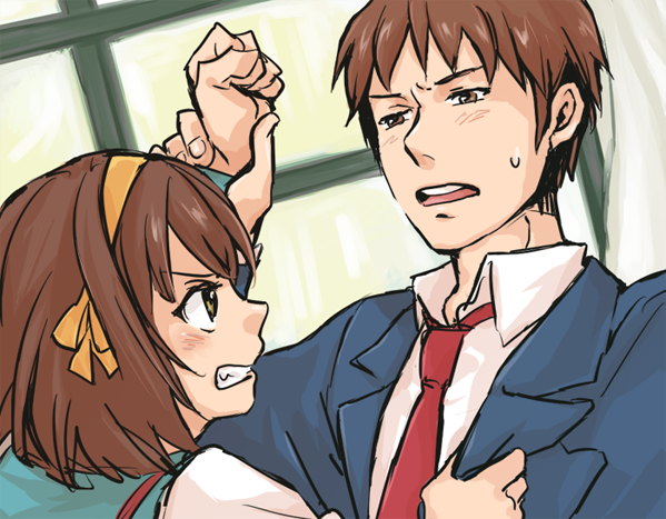 1girl angry bad_id bad_pixiv_id brown_hair face hairband kita_high_school_uniform kyon orange_hairband peg school_uniform serafuku short_hair suzumiya_haruhi suzumiya_haruhi_no_yuuutsu