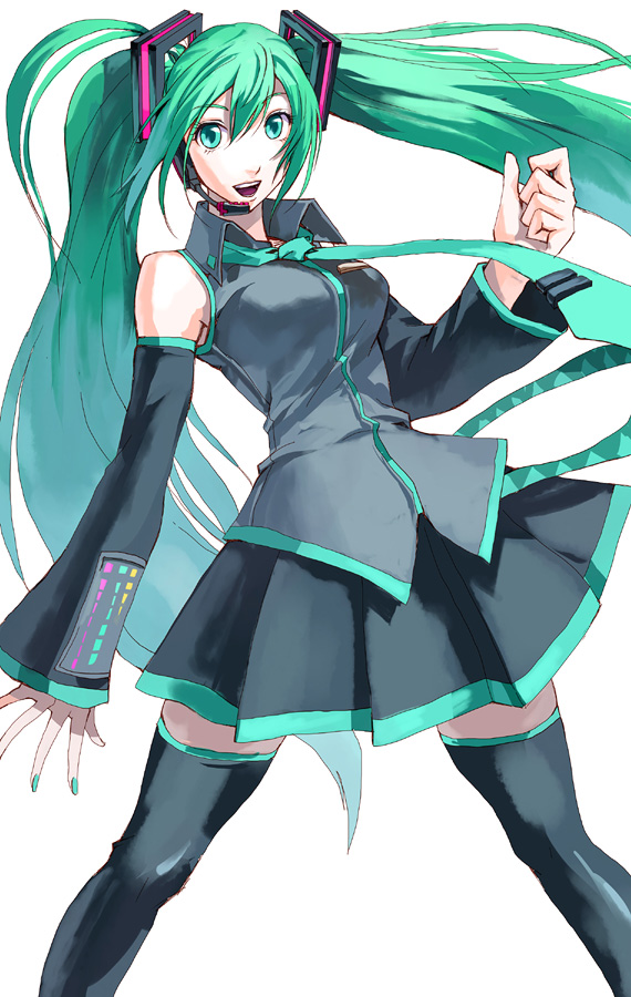 akito aqua_eyes aqua_hair aqua_nails bad_id bad_pixiv_id bare_shoulders belt black_legwear blue_hair breasts detached_sleeves fingernails gradient_hair green_hair hair_ornament hatsune_miku headset large_breasts laughing long_hair miniskirt multicolored_hair nail_polish necktie open_mouth pleated_skirt sidelocks simple_background skirt smile solo standing thighhighs twintails very_long_hair vocaloid zettai_ryouiki