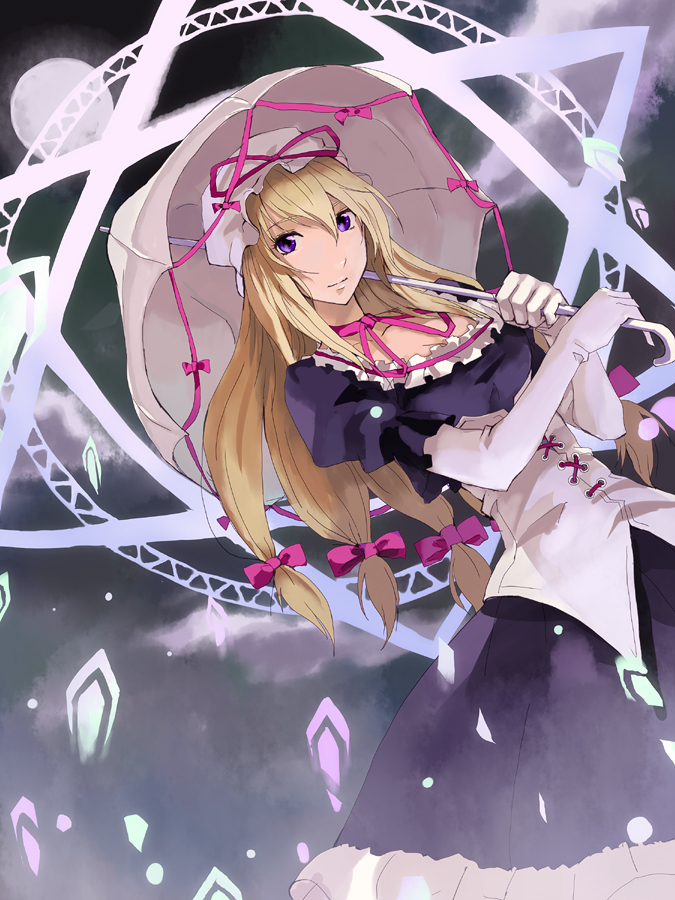 akito blonde_hair bow corset dress gloves hat long_hair parasol purple_eyes ribbon solo spell_card touhou umbrella white_gloves yakumo_yukari