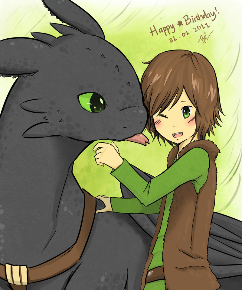 2011 belt blush brown_hair dragon eye_contact fur_vest green_eyes hair harness hiccup_(httyd) how_to_train_your_dragon human male mammal night_fury one_eye_closed scalie smile tongue toothless wings