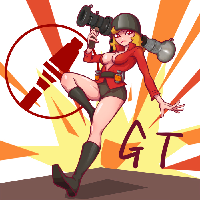 1girl blonde_hair boots breasts female genderswap gotwin helmet red_eyes rocket_launcer rocket_launcher solo team_fortress_2 the_soldier weapon