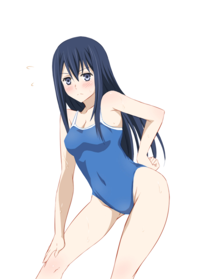 :&lt; bad_id bad_pixiv_id bare_shoulders black_hair blue_eyes blush breasts cleavage competition_school_swimsuit covered_navel flying_sweatdrops gokukoku_no_brynhildr hand_on_hip hand_on_leg inui_sanagi kuroha_neko long_hair medium_breasts one-piece_swimsuit simple_background solo swimsuit white_background