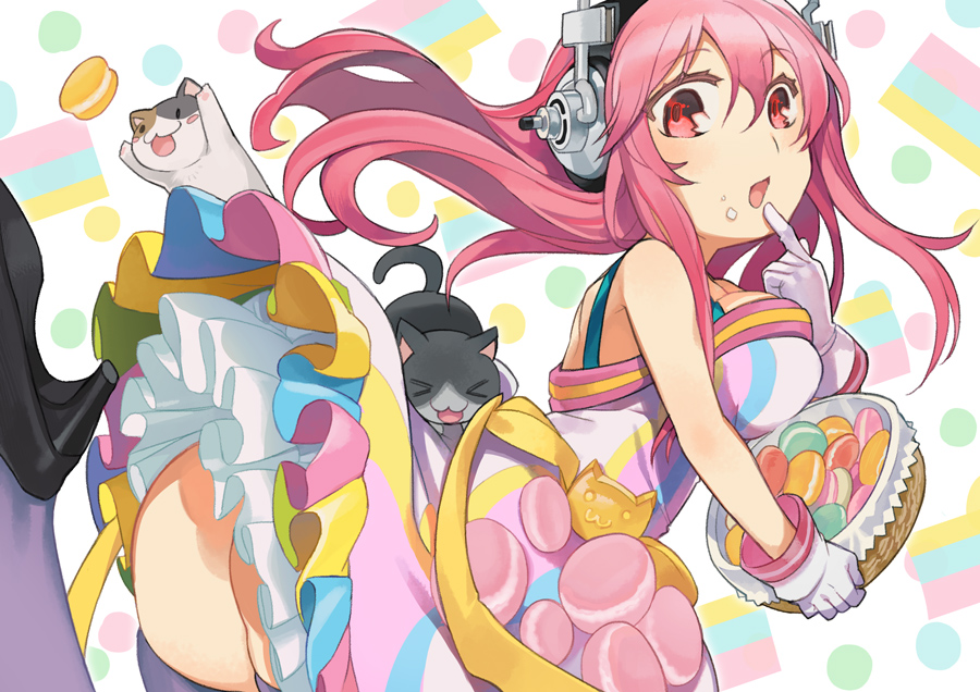 ass blush breasts cat dress food food_on_face headphones ika large_breasts leg_up long_hair looking_at_viewer macaron nitroplus no_panties open_mouth pink_hair red_eyes smile solo super_sonico