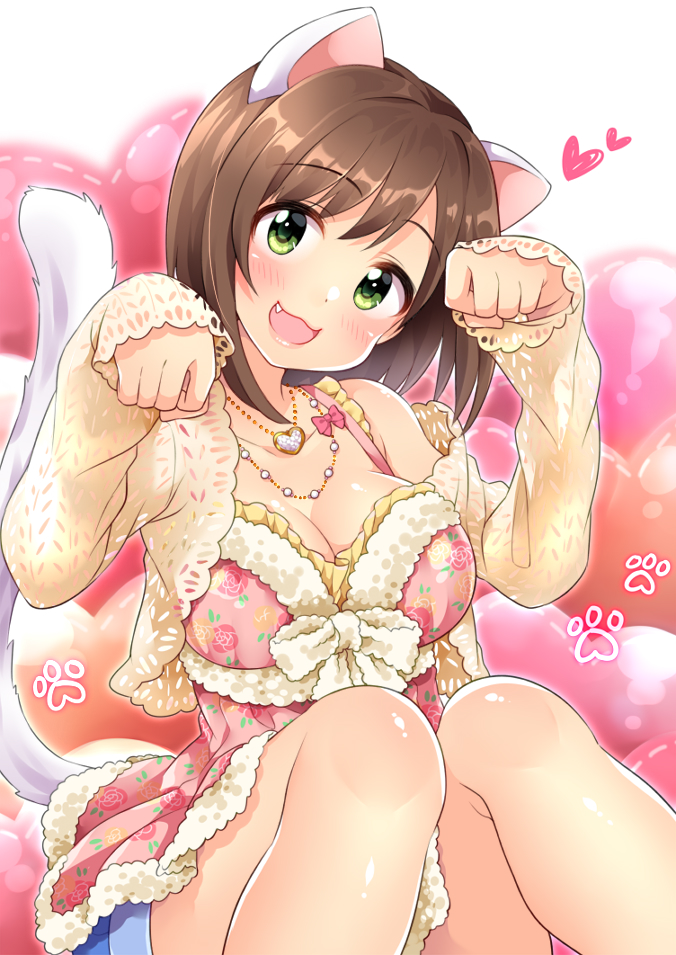 1girl animal_ears breasts brown_hair cat_ears cat_tail cleavage commentary_request eyebrows_visible_through_hair fake_animal_ears fang green_eyes head_tilt idolmaster idolmaster_cinderella_girls jewelry knees_together_feet_apart long_sleeves looking_at_viewer maekawa_miku medium_breasts mio_(mgr300) necklace open_mouth paw_pose solo tail