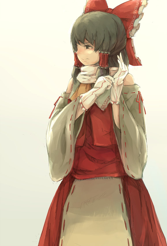adapted_costume black_hair bow brown_eyes detached_sleeves dress gloves hair_bow hakurei_reimu long_sleeves red_dress scarf solo touhou white_gloves wide_sleeves yoss_3